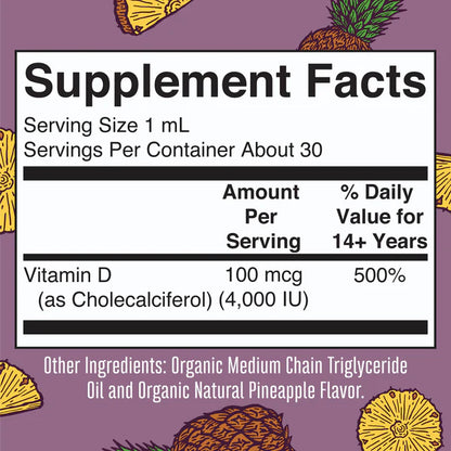Megadose Vitamin D3 Liquid Drops, Pineapple Flavored, 1oz, MaryRuth Organics