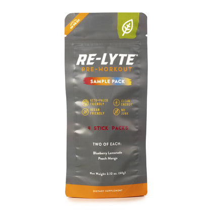 Re-Lyte Pre-Workout Mix Sample Pack, 4 Count, Blueberry Lemonade + Peach Mango