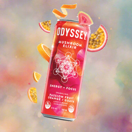 Passion Fruit, Orange, Guava Sparkling Mushroom Elixir ENERGY + FOCUS Drink, Odyssey