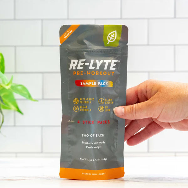 Re-Lyte Pre-Workout Mix Sample Pack, 4 Count, Blueberry Lemonade + Peach Mango