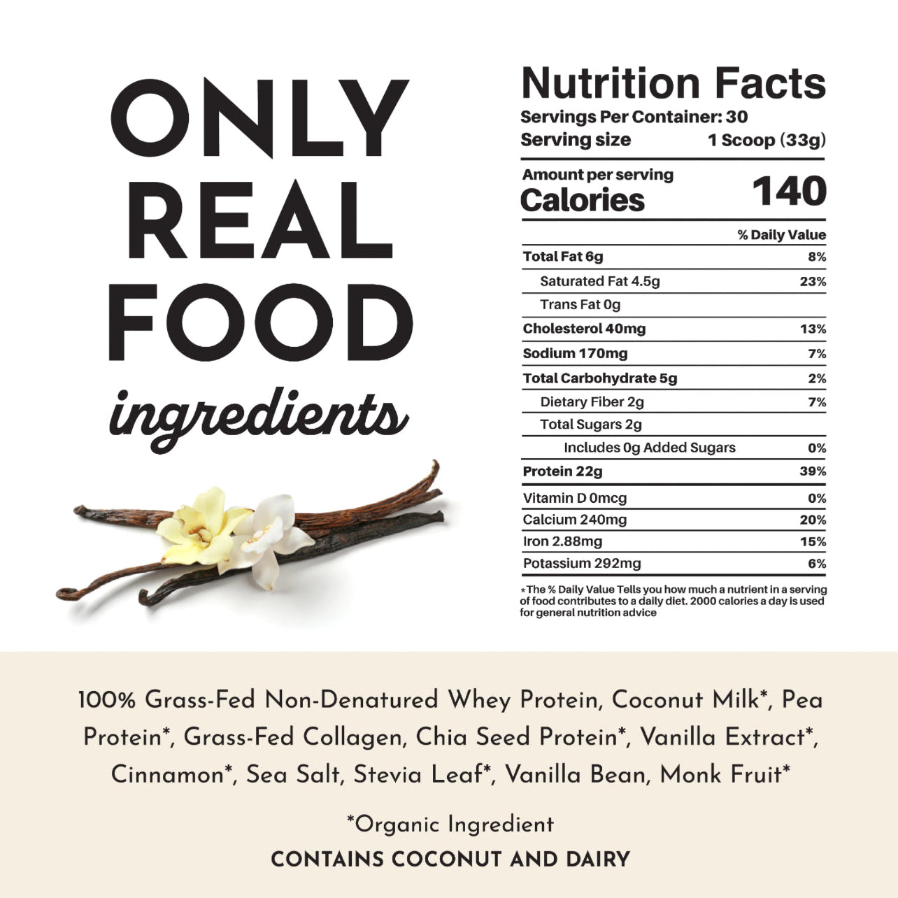 Vanilla Bean Protein Powder, 30 Servings, Just Ingredients