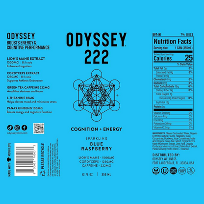 Blue Raspberry Sparkling Mushroom ENERGY + FOCUS Drink, Odyssey