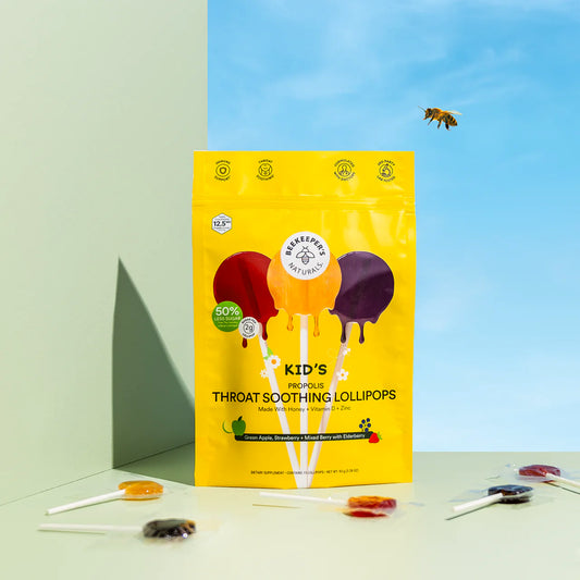 Kid's Propolis Throat Soothing Pops, Green Apple, Strawberry + Mixed Berry with Elderberry, BeeKeeper's