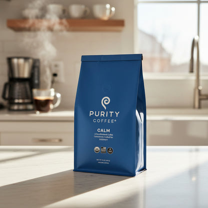 CALM: Decaffeinated Medium Roasted Organic GROUND Bean Coffee, 12oz, Purity