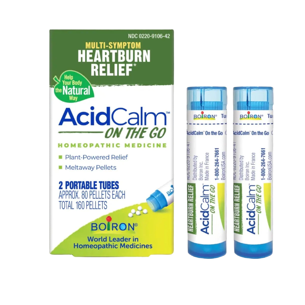AcidCalm On the Go, Homeopathic Medicine for Multi-Symptom Heartburn Relief, 2 Tubes (Approx. 80 Pellets Per Tube), Boiron