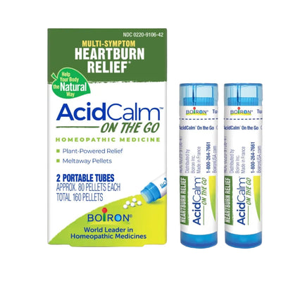 AcidCalm On the Go, Homeopathic Medicine for Multi-Symptom Heartburn Relief, 2 Tubes (Approx. 80 Pellets Per Tube), Boiron