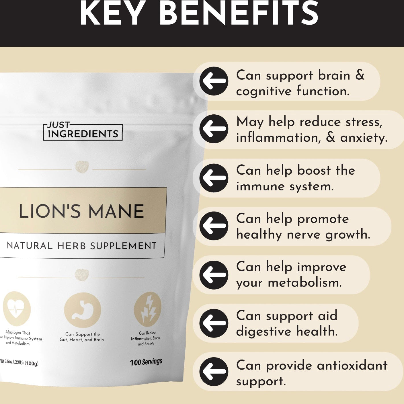 Lion's Mane, 100 Servings, Just Ingredients