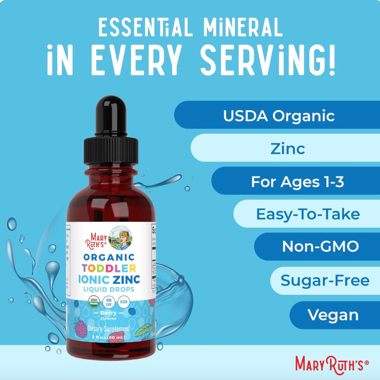 Toddler Ionic Zinc Liquid Drops, Berry, 2oz, MaryRuth Organics