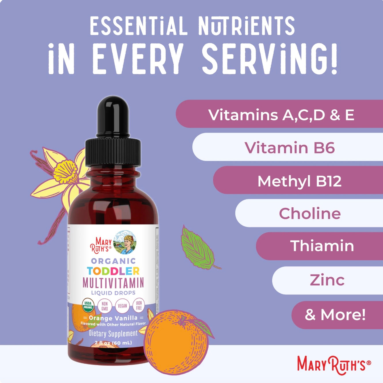 Toddler Multivitamin Liquid Drops, Orange Vanilla, 2oz, MaryRuth Organics