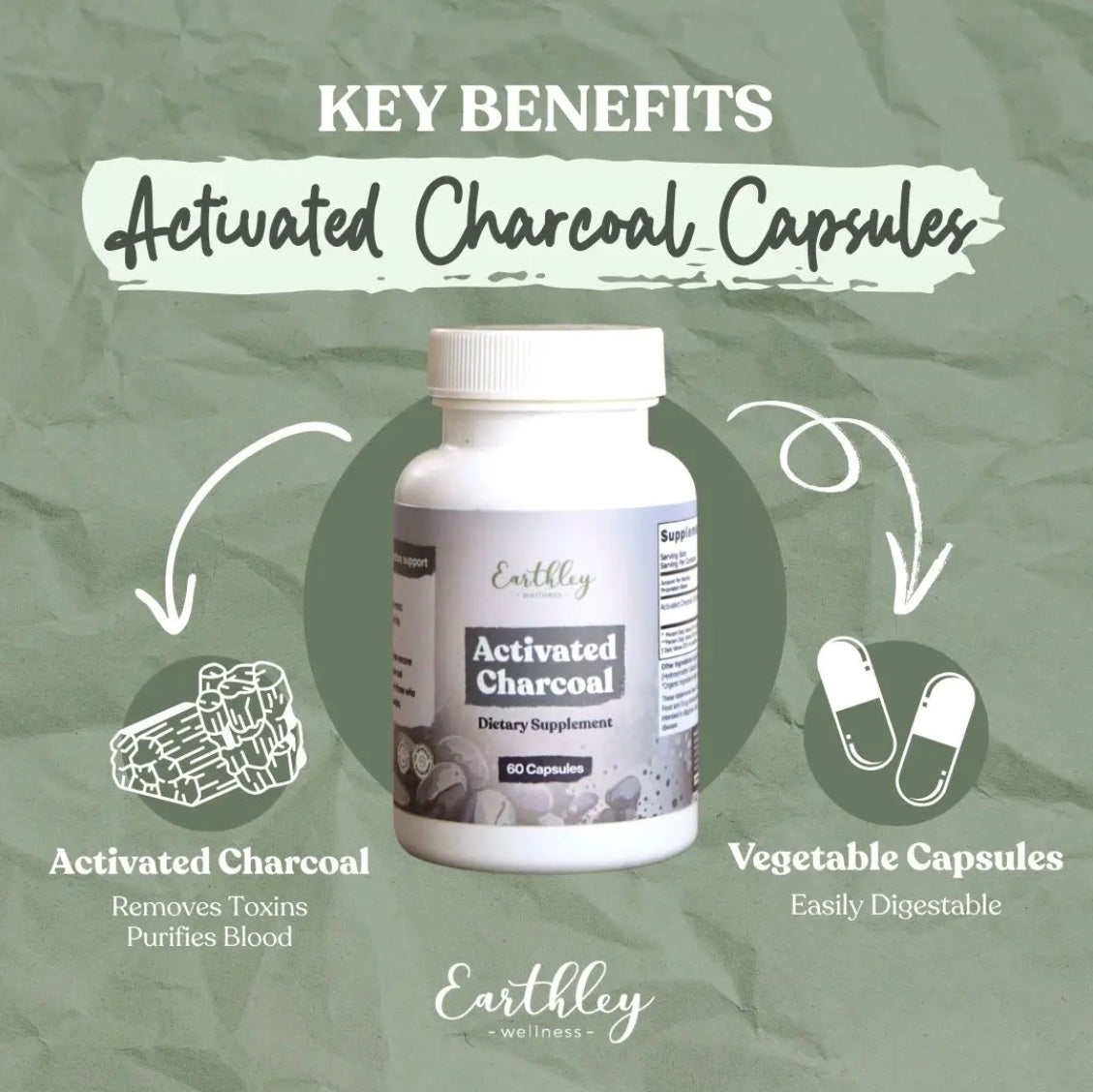 Activated Charcoal Capsules - Natural detoxification support, 60ct, Earthley