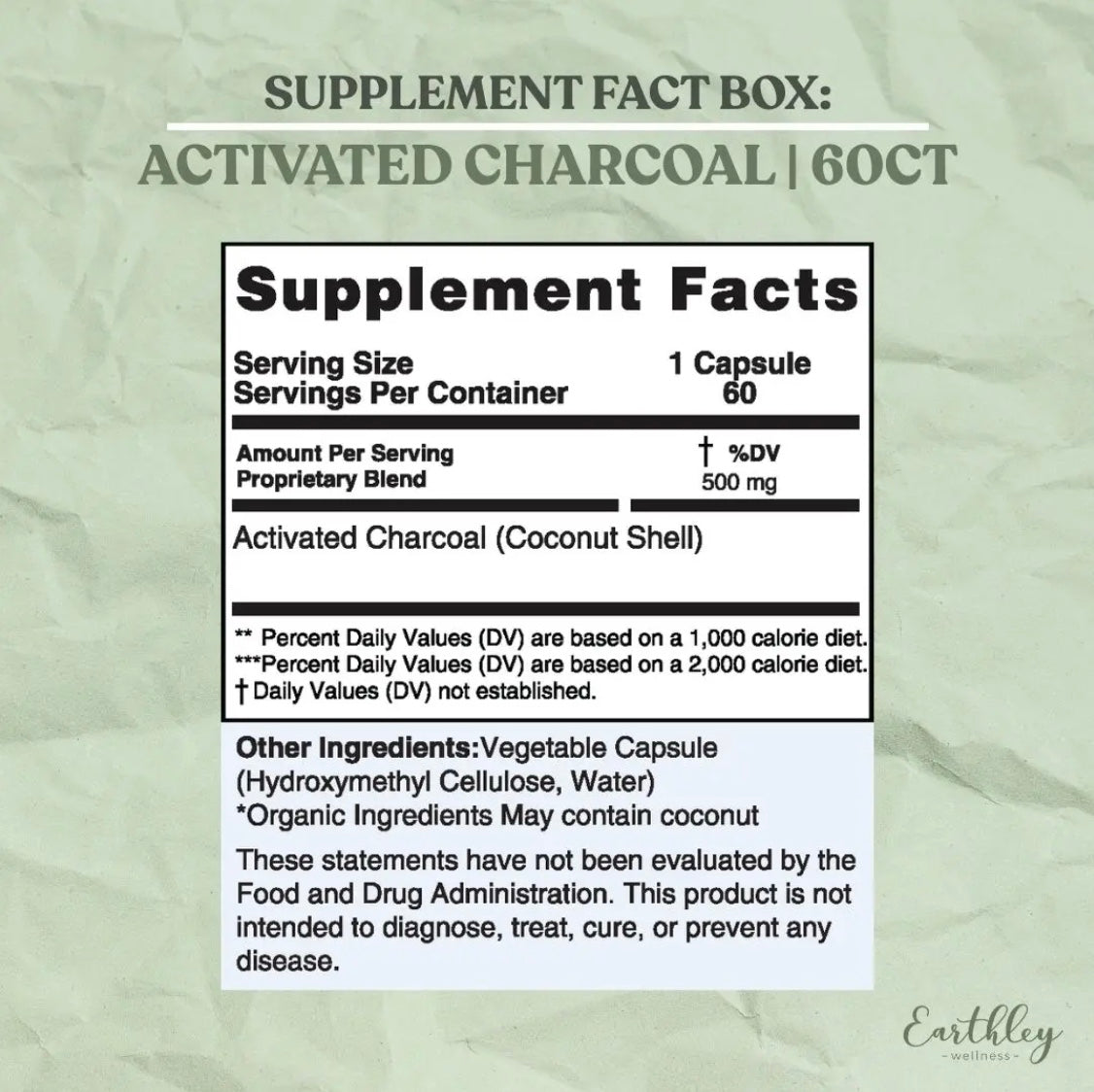 Activated Charcoal Capsules - Natural detoxification support, 60ct, Earthley