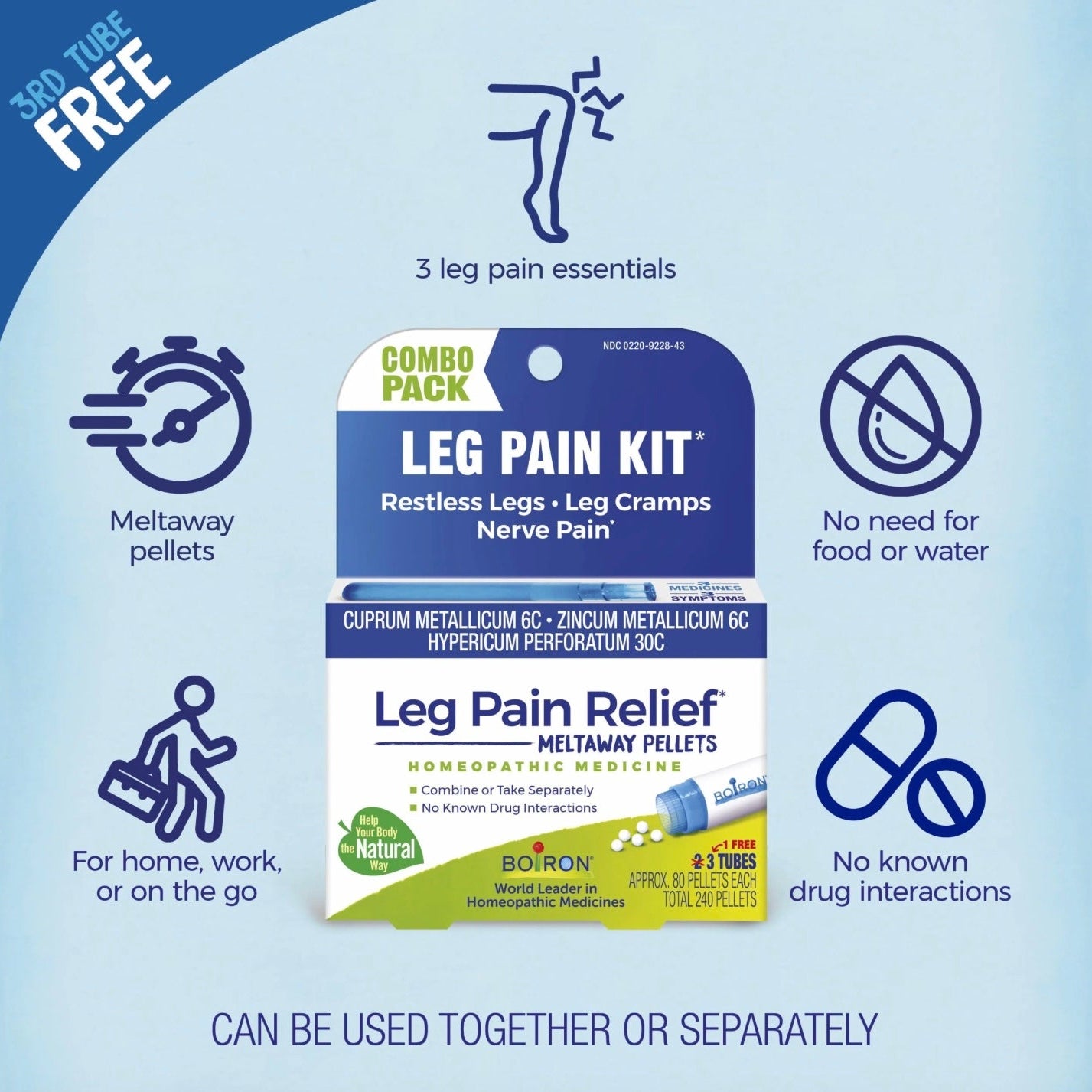 Leg Pain Kit, Homeopathic Medicine for Restless Leg, Leg Cramps, Nerve Pain, Meltaway Pellets, 1 Free Tube Inside, Boiron