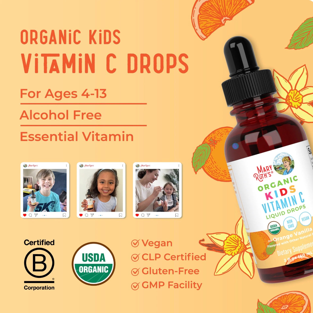 Kid's Liquid Vitamin C, Orange Vanilla Flavored, 1oz, MaryRuth Organics