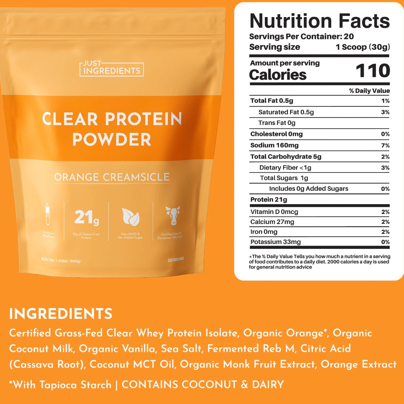 Orange Creamsicle Clear Protein Powder, 20 Servings, Just Ingredients