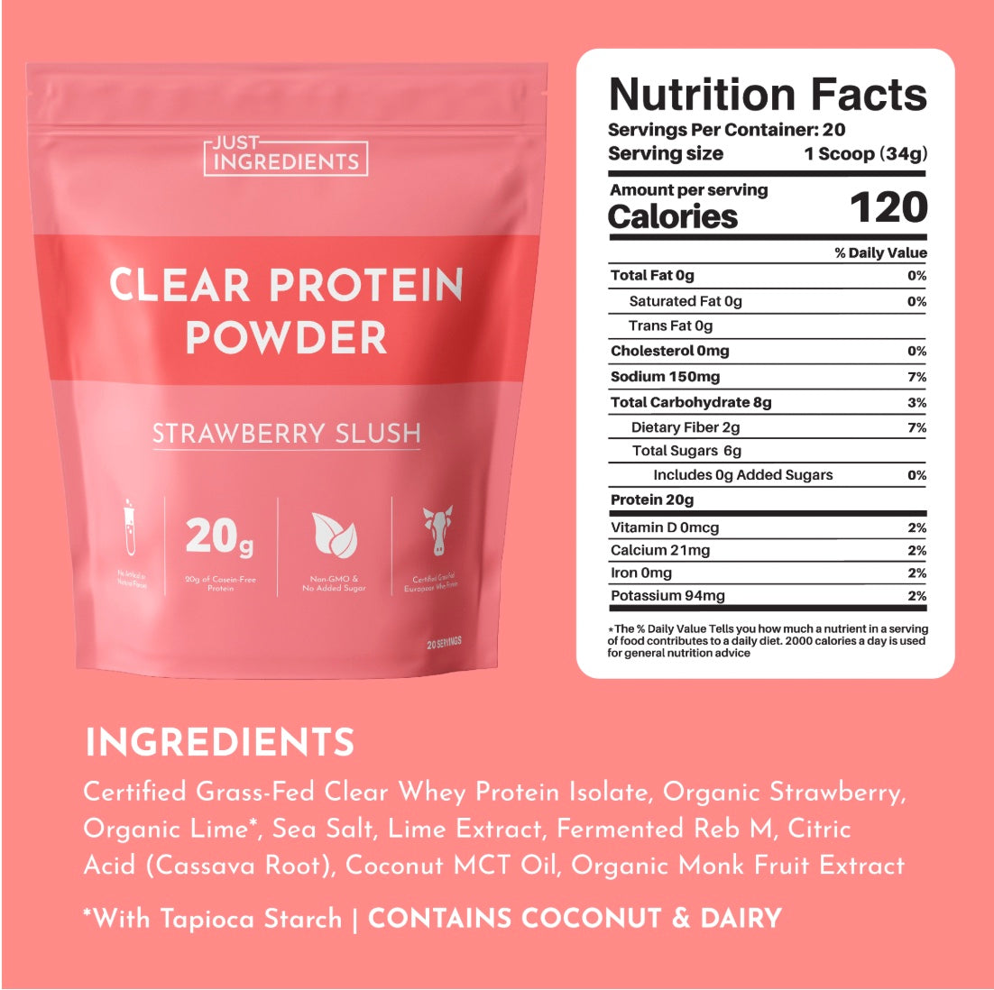 Strawberry Slush Clear Protein Powder, 20 Servings, Just Ingredients