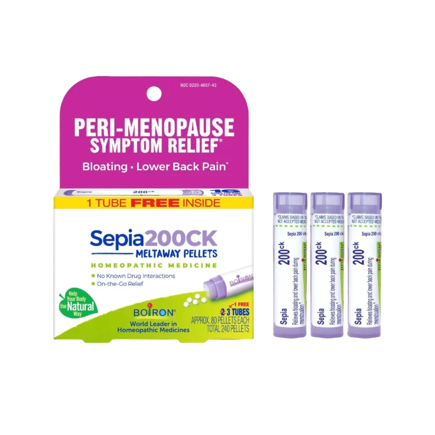 Sepia 200CK, Homeopathic Medicine for PMS & Menstrual Symptoms Relief, 3 Tubes, 80 Pellets Each, Includes 1 FREE Tube, Boiron