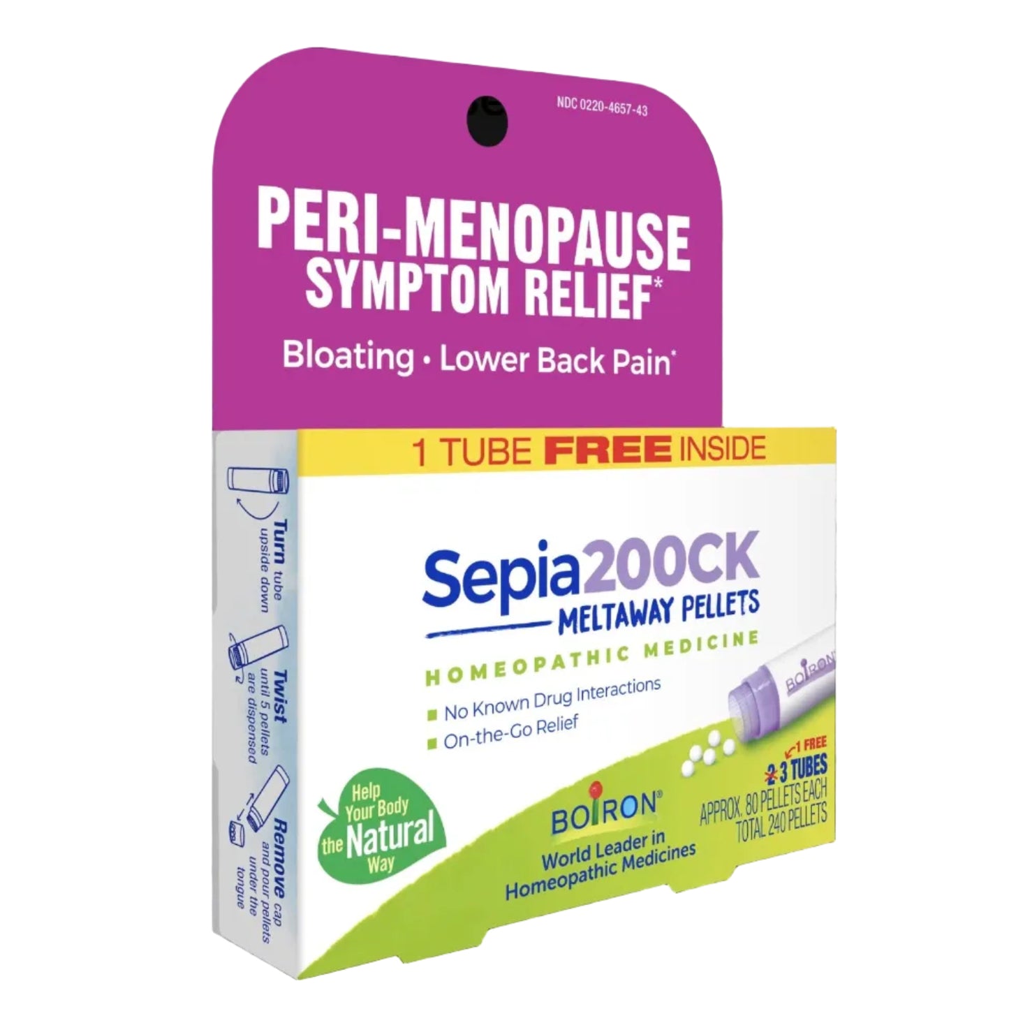 Sepia 200CK, Homeopathic Medicine for PMS & Menstrual Symptoms Relief, 3 Tubes, 80 Pellets Each, Includes 1 FREE Tube, Boiron