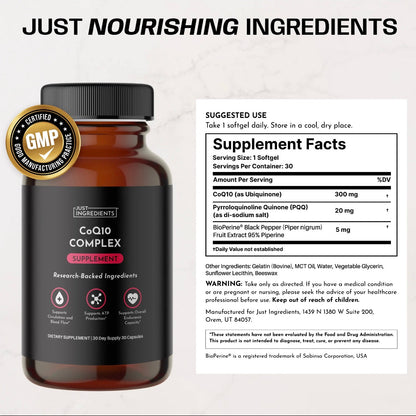 CoQ10 Complex Supplement, 30 Capsules, Just Ingredients