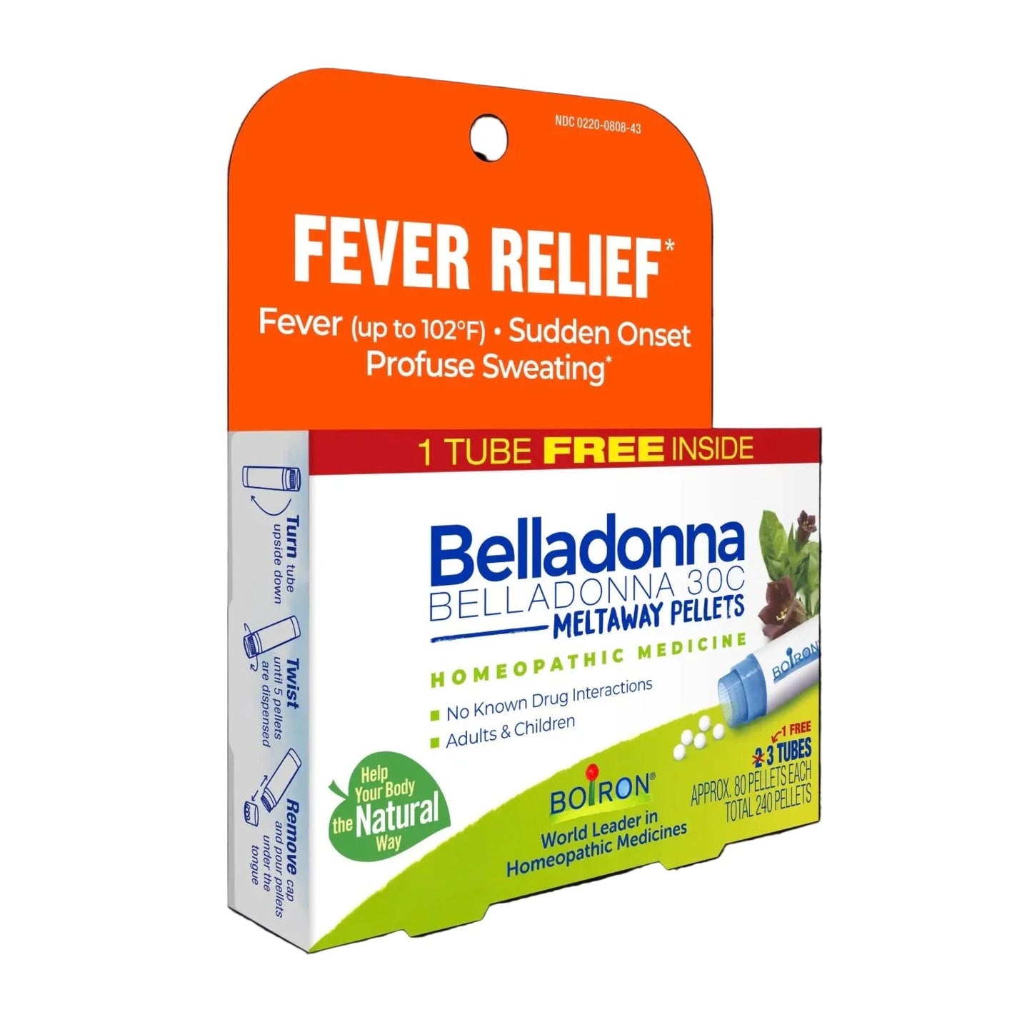Belladonna 30C, Homeopathic Medicine for Feve Relief, 3 Tubes, 80 Pellets Each, Includes 1 FREE Tube, Boiron