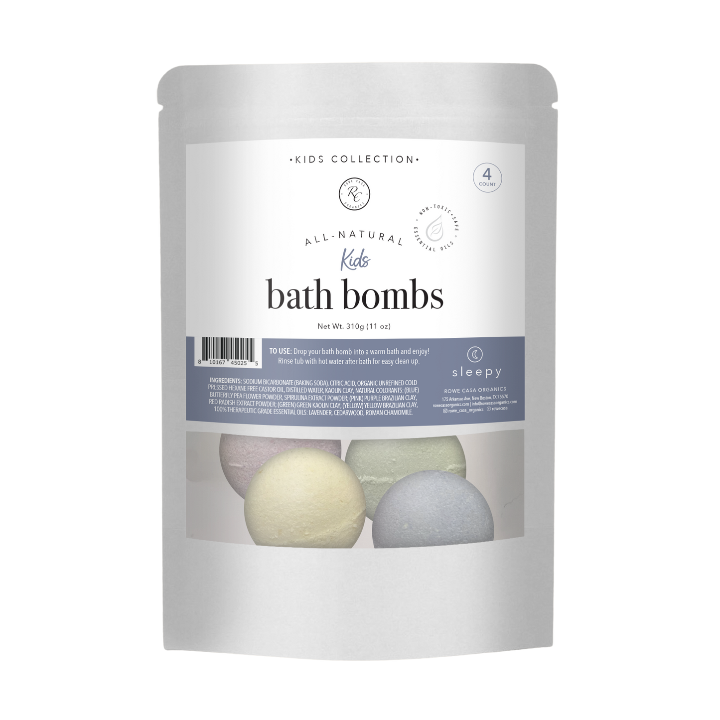 Bath Bombs For Kids, 4 Count, Rowe Casa Organics