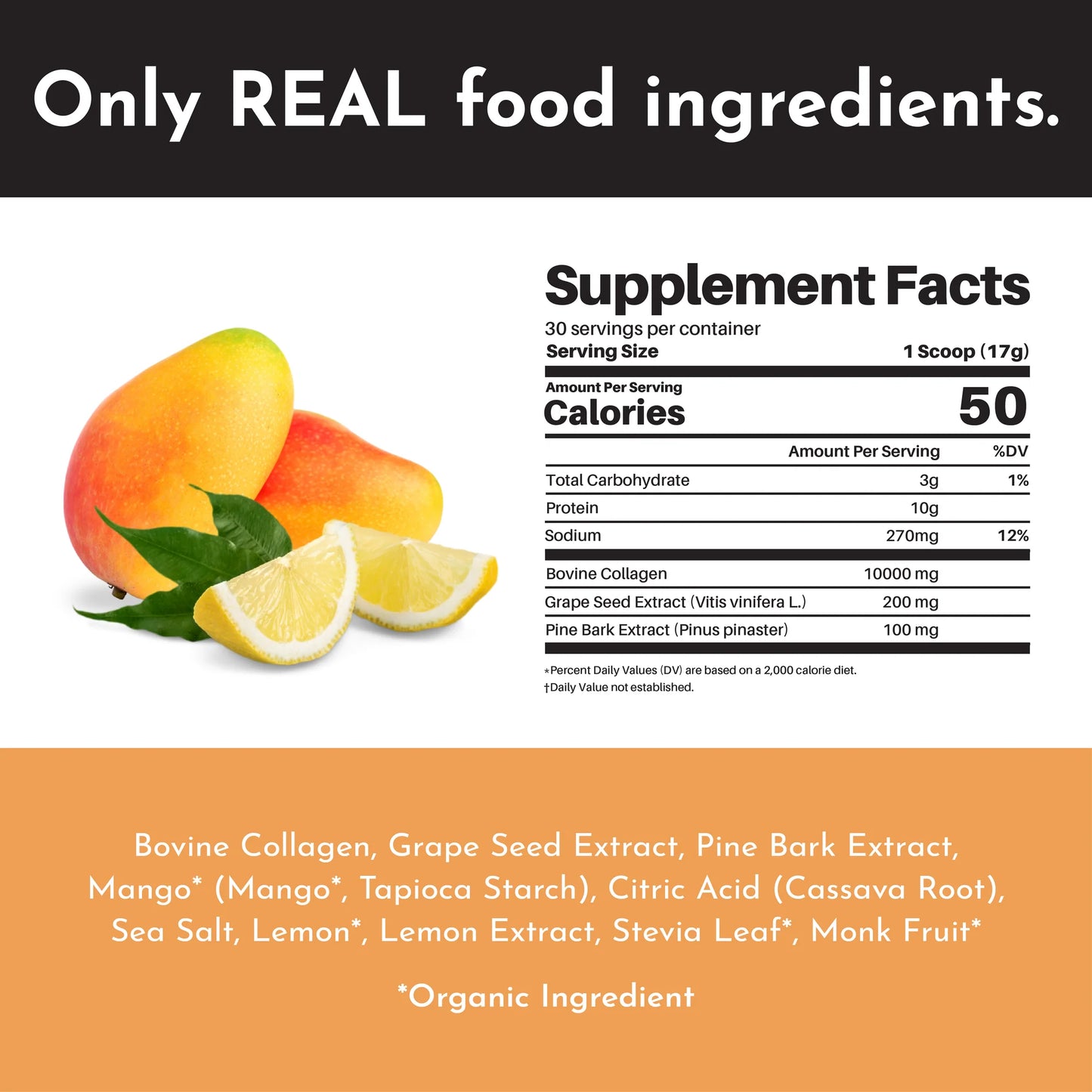 Mango Lemonade Collagen Peptides, 30 Servings, 1.12lbs, Just Ingredients