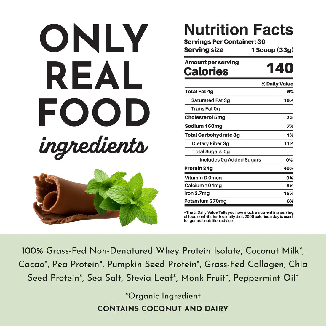 Mint Chocolate Protein Powder, 30 Servings, Just Ingredients