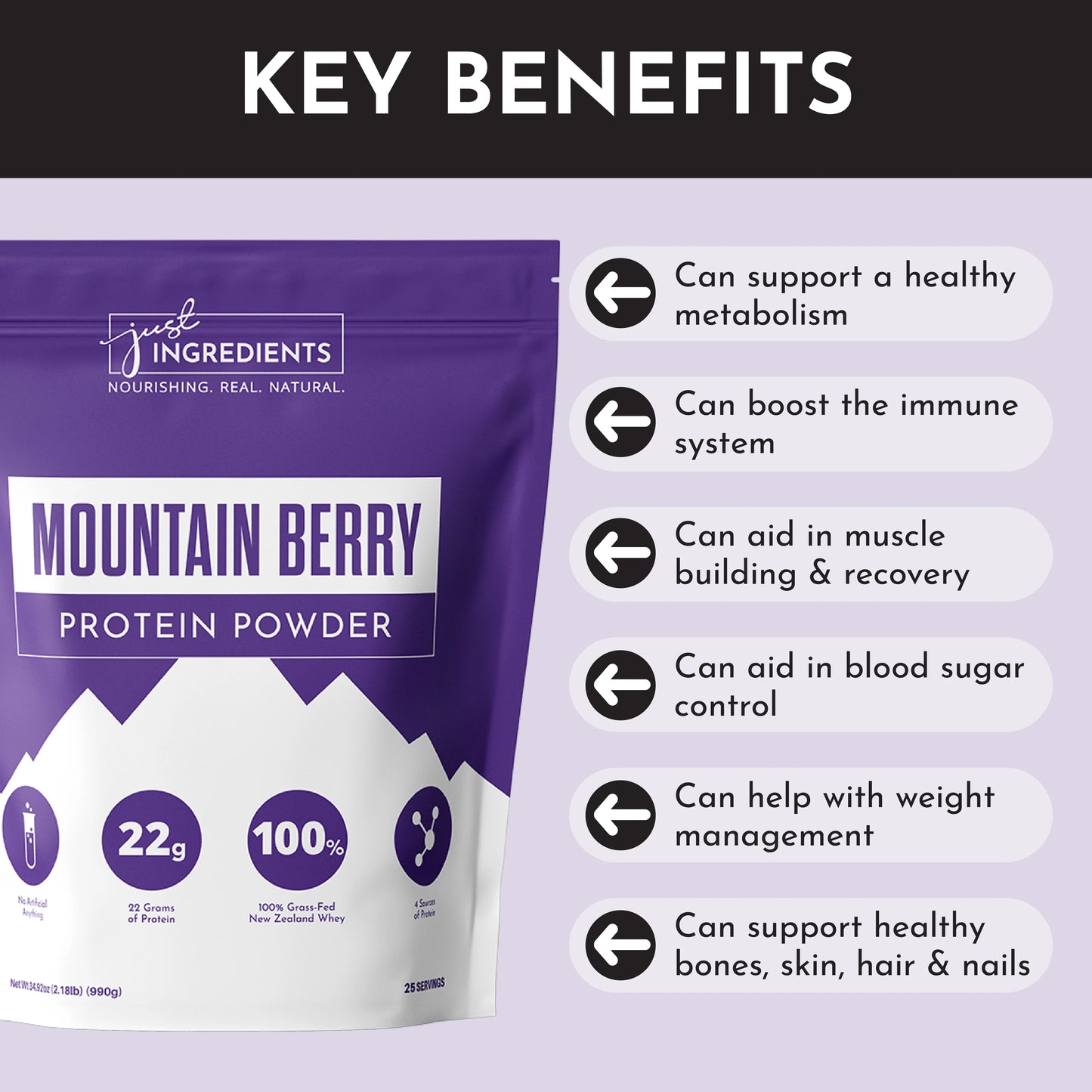 Mountain Berry Protein Powder, 25 Servings, Just Ingredients