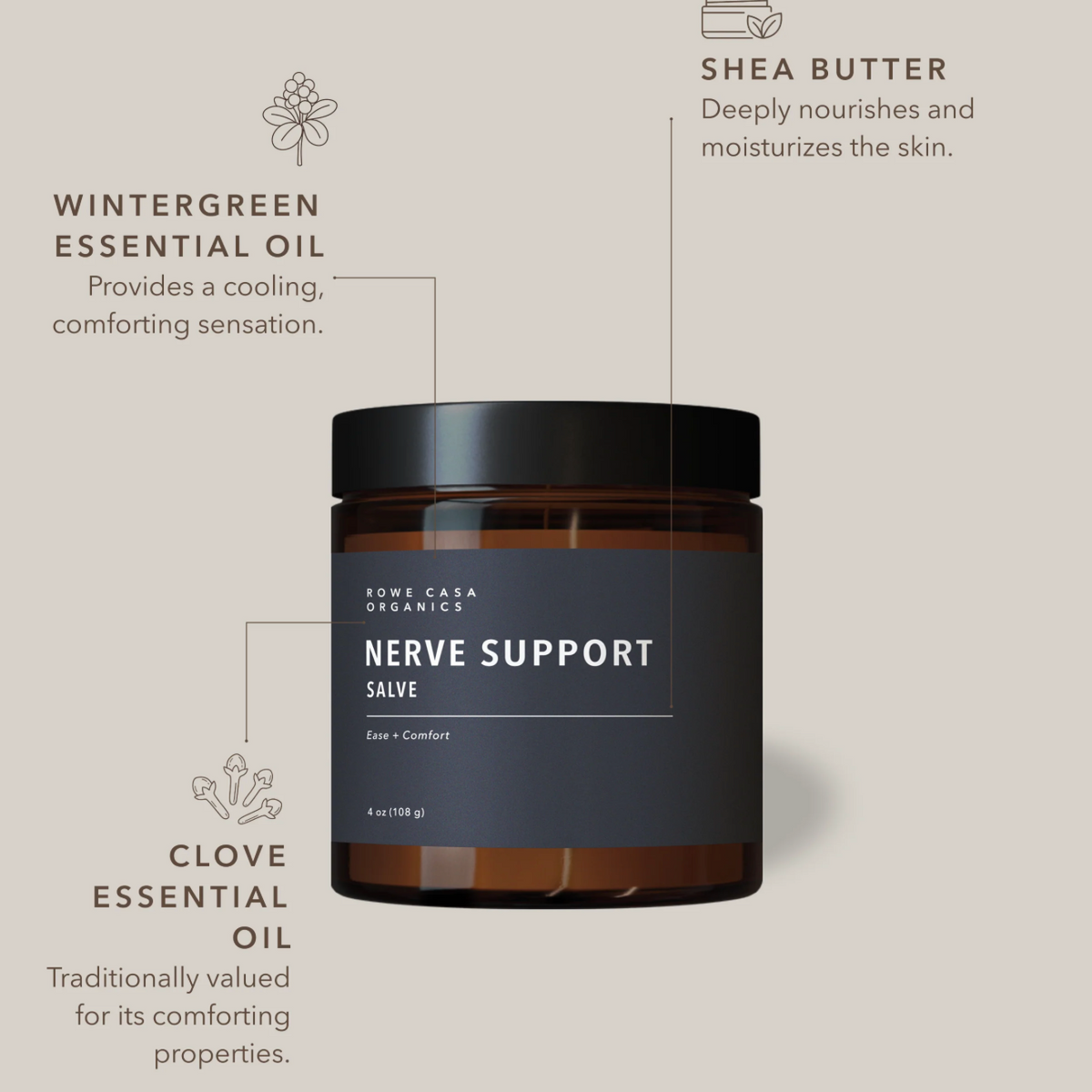 Nerve Support Salve (Previously Nerve Pain Salve), 4oz, Rowe Casa Organics