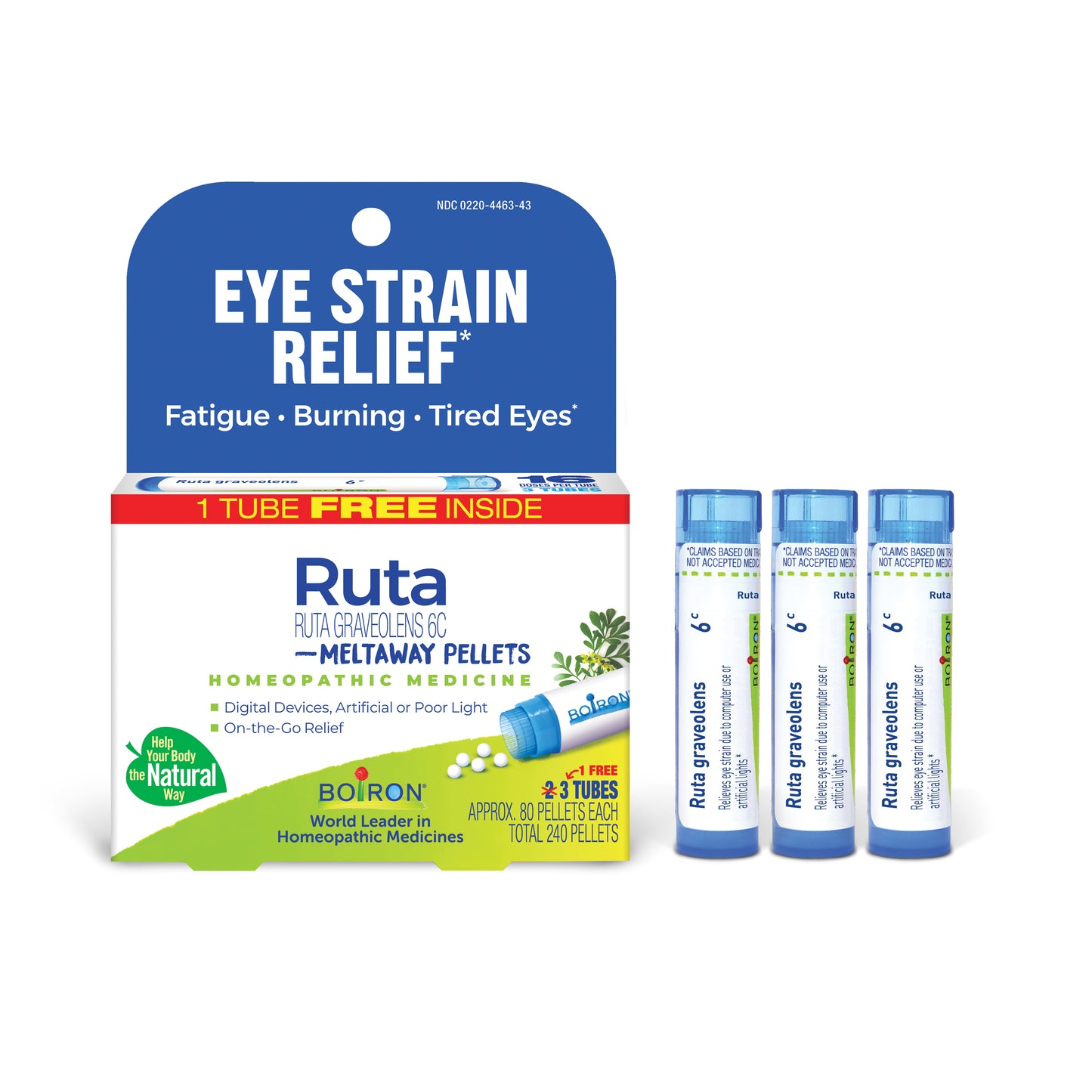 Ruta Graveolens 6C, Homeopathic Medicine for Eye Strain Due to Computer Use or Artificial Lights, Meltaway Tablets, 1 Free Tube Inside, Boiron