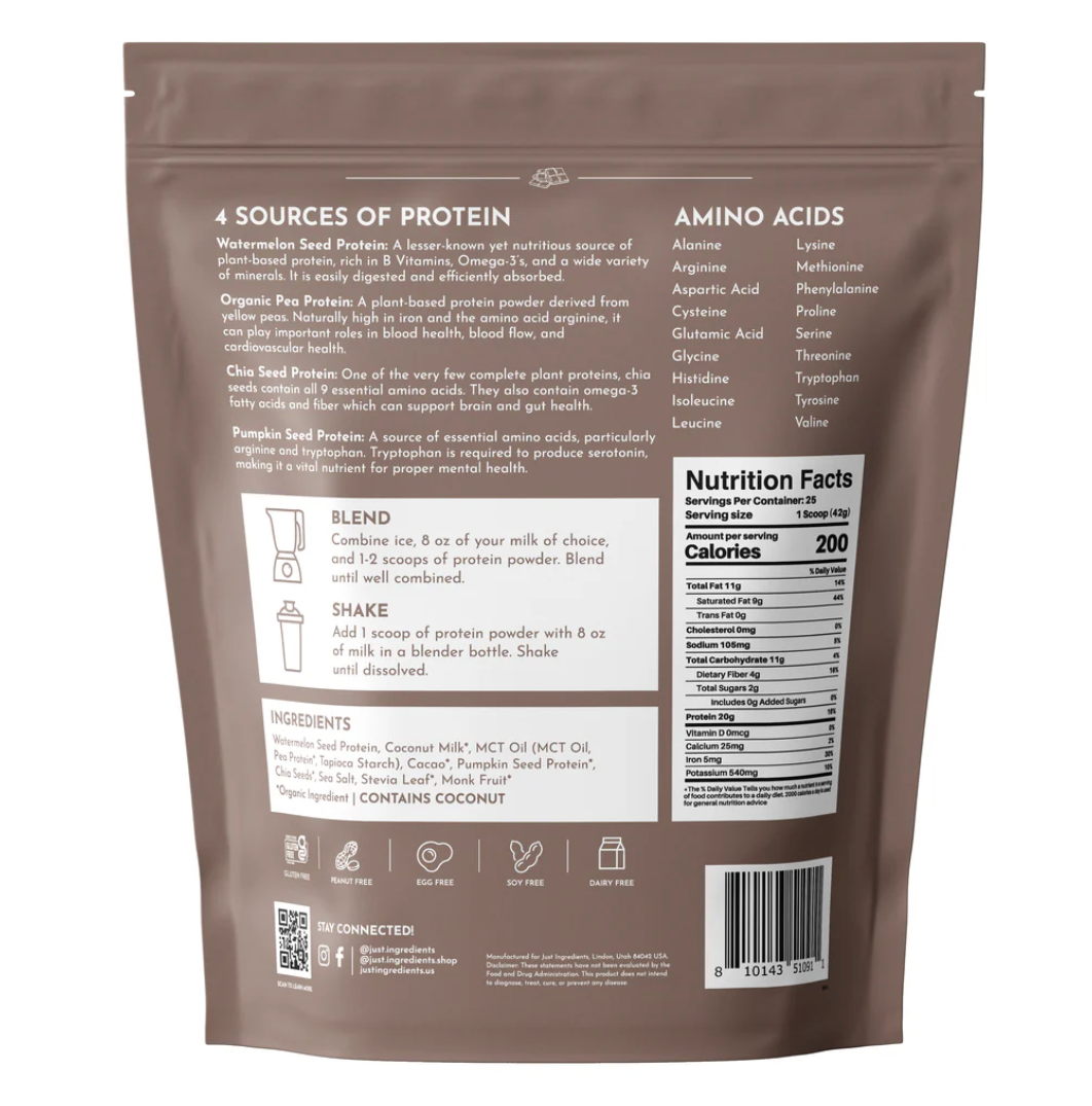 Vegan Chocolate Protein Powder, 25 Servings, Just Ingredients