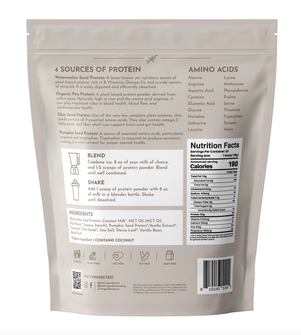 Vegan Vanilla Bean Protein Powder, 25 Servings, Just Ingredients