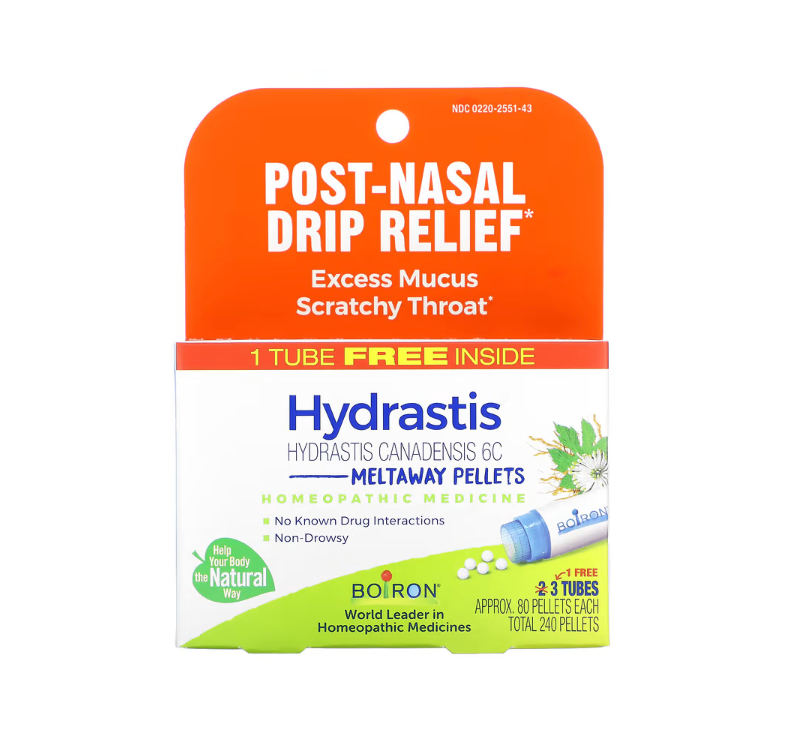 POST NASAL DRIP RELIEF* Hydrastis Canadensis 6C, Homeopathic Medicine to Relieve Post-Nasal Drip, 3 tubes with 80 pellets. each, 1 FREE tube, Boiron