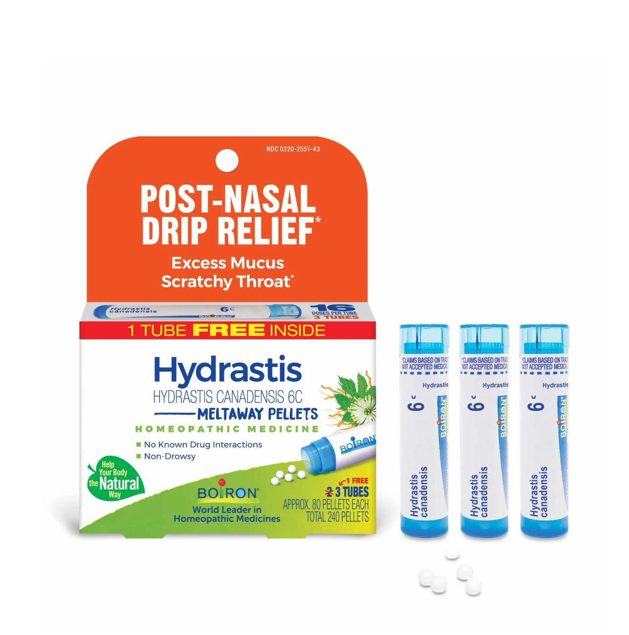 POST NASAL DRIP RELIEF* Hydrastis Canadensis 6C, Homeopathic Medicine to Relieve Post-Nasal Drip, 3 tubes with 80 pellets. each, 1 FREE tube, Boiron