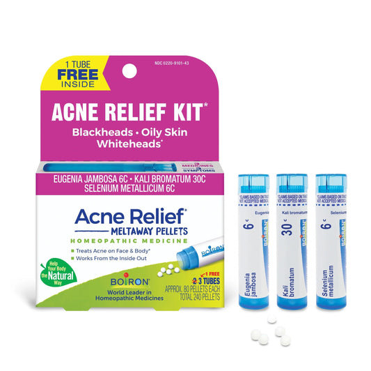 Acne Relief Kit, Eugenia Jambosa 6C, Kali Bromatum 30C, Selenium Metallicum 6C Meltaway Pellets, Blackheads, Oily Skin, Whiteheads, 1 Free Tube Inside, Boiron