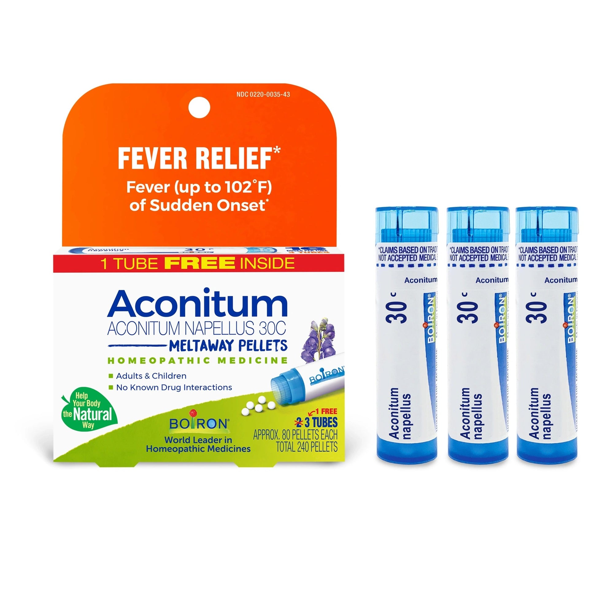 FEVER RELIEF* Aconitum Napellus 30C, 3 Tubes, 80 Pellets Each, Includes 1 FREE Tube