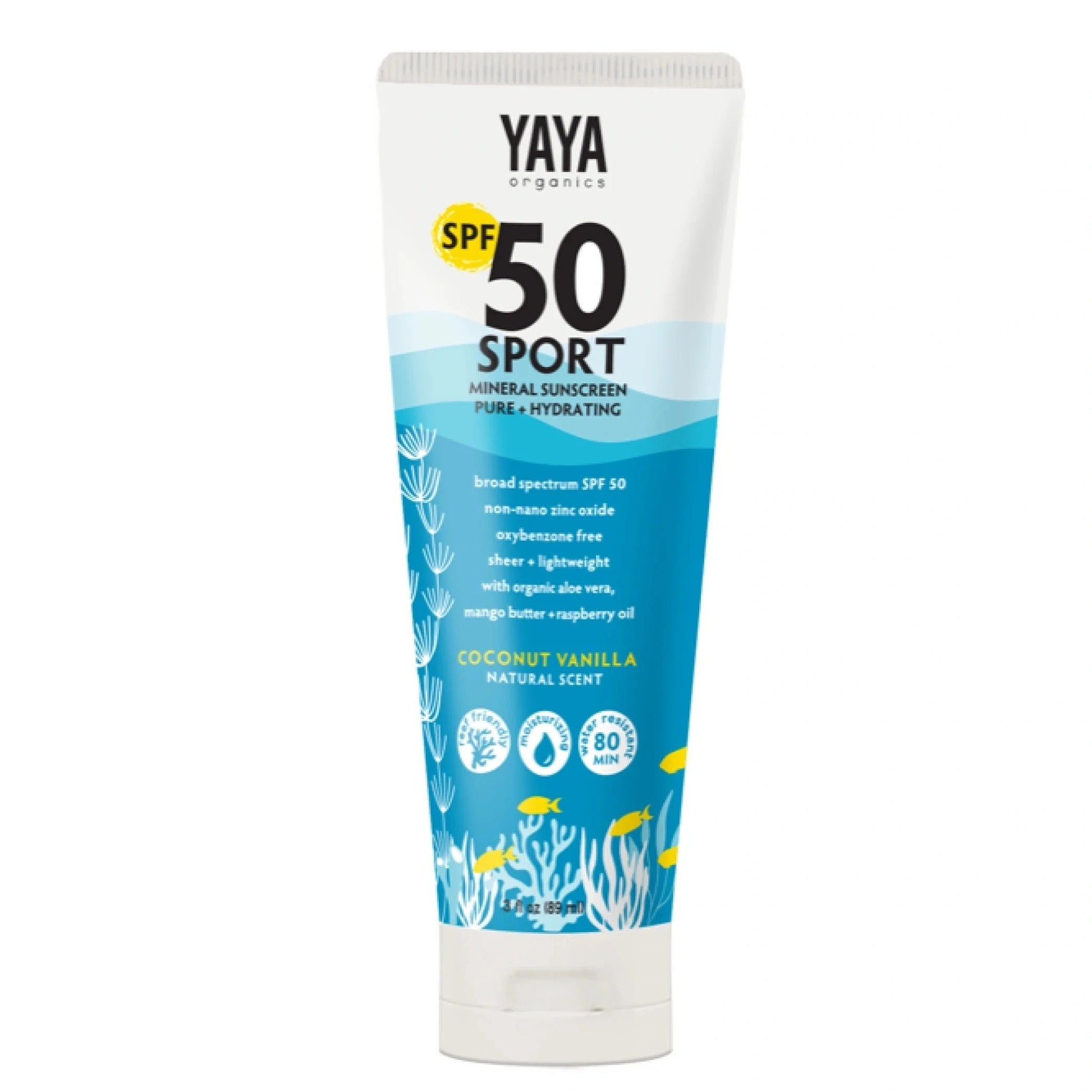 SPF 50 Sport Mineral Sunscreen, Pure + Hydrating, Coconut Vanilla, YAYA Organics