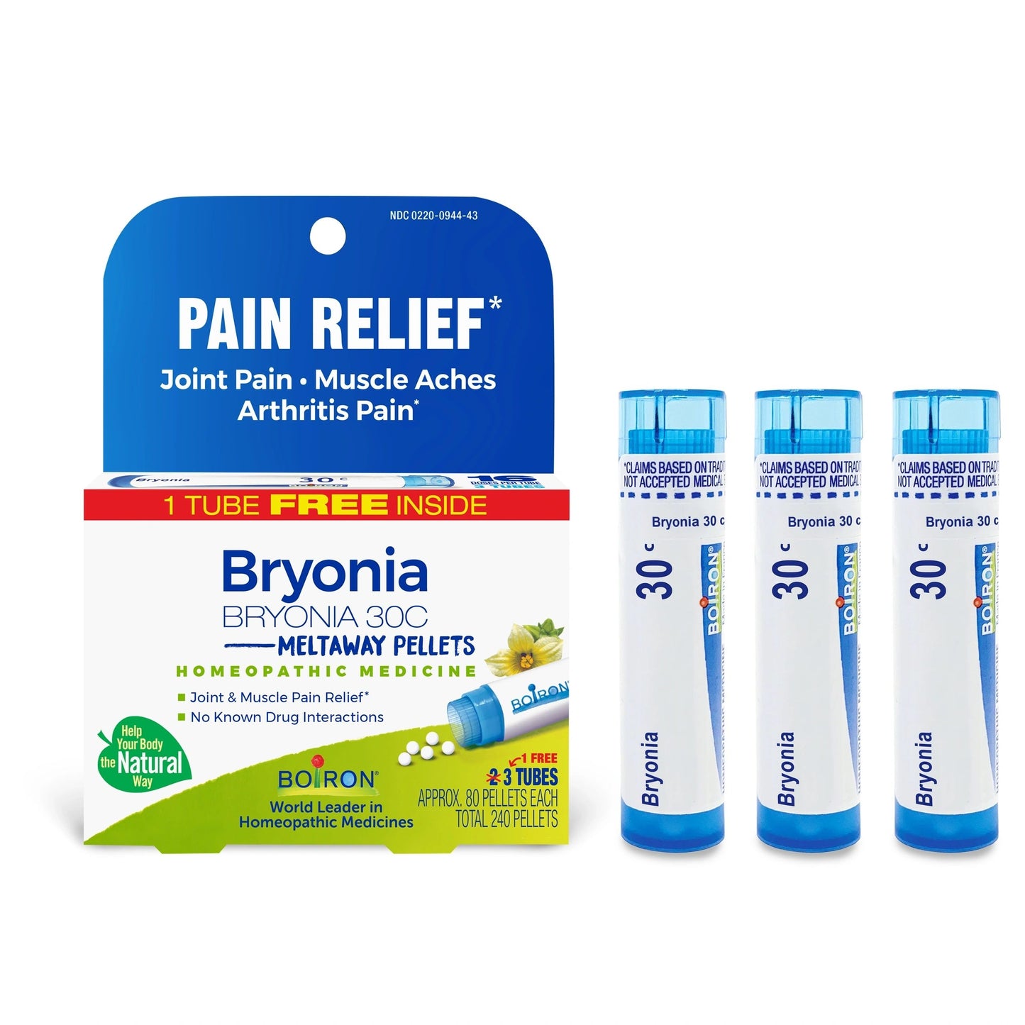 PAIN RELIEF* Bryonia 30C, 3 Tubes, 80 Pellets Each, Includes 1 FREE Tube