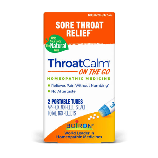 ThroatCalm On the Go, Homeopathic Medicine for Sore Throat Relief, 2 Tubes (Approx. 80 Pellets Per Tube), Boiron