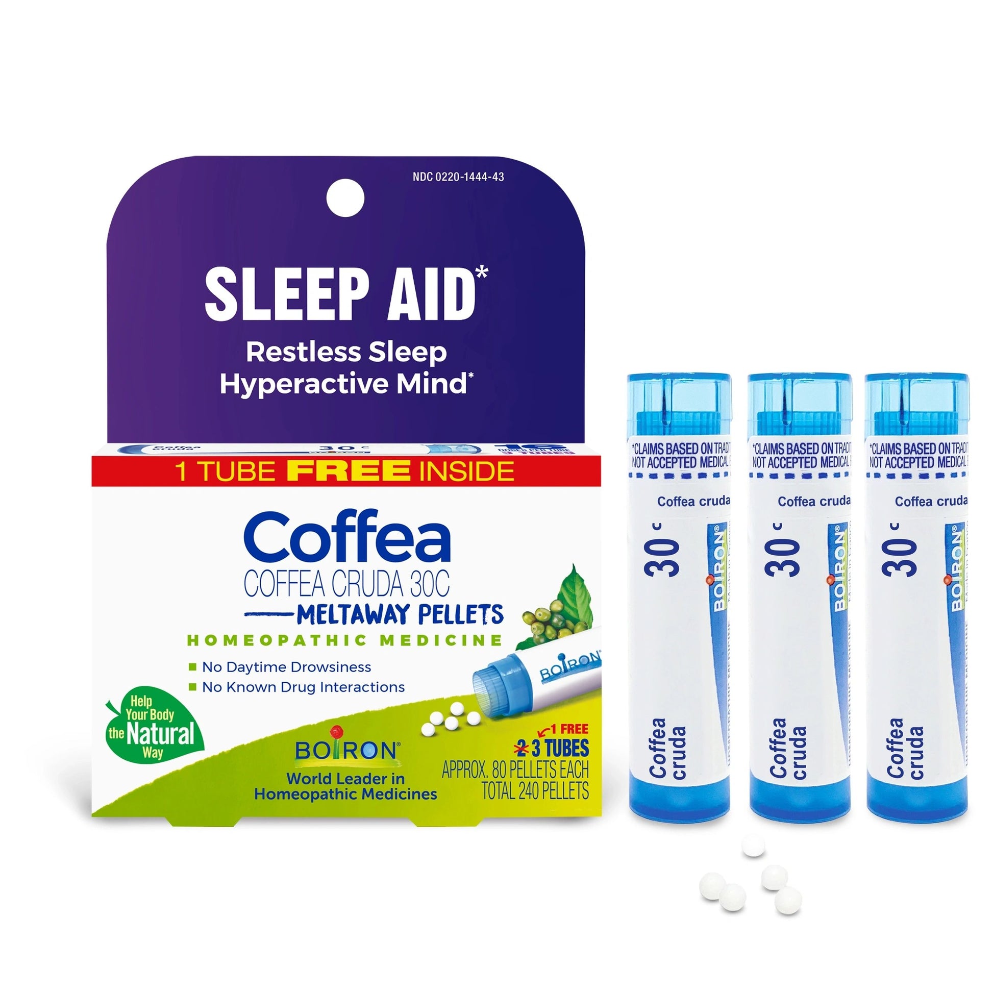 SLEEP AID* Coffea Cruda 30C, 3 Tubes, 80 Pellets Each, Includes 1 FREE Tube