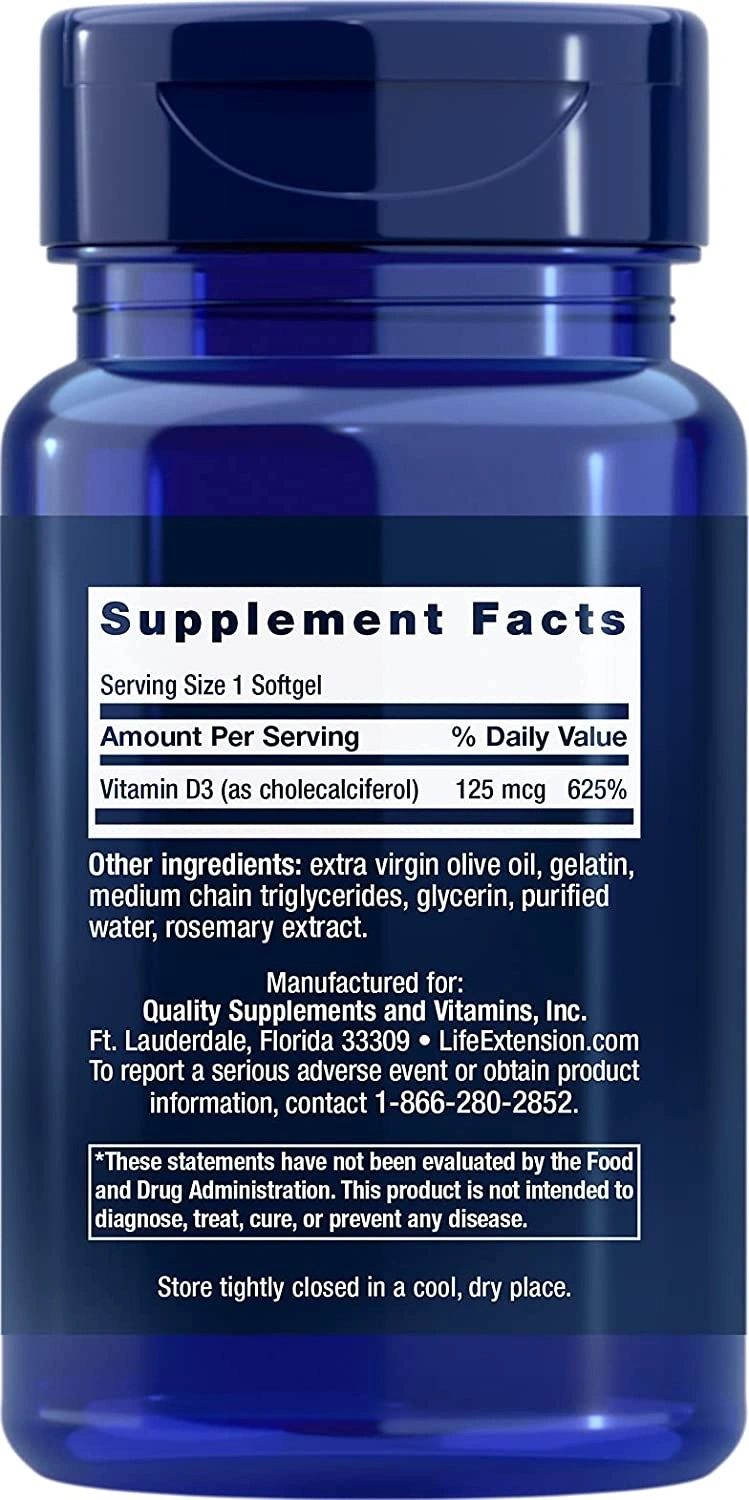 Vitamin D3, 125 mcg (5000 IU), 60 Softgels, Life Extension