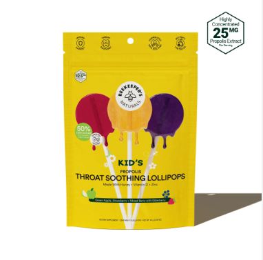 Kid's Propolis Throat Soothing Lollipops, Green Apple, Strawberry + Mixed Berry with Elderberry, BeeKeeper's