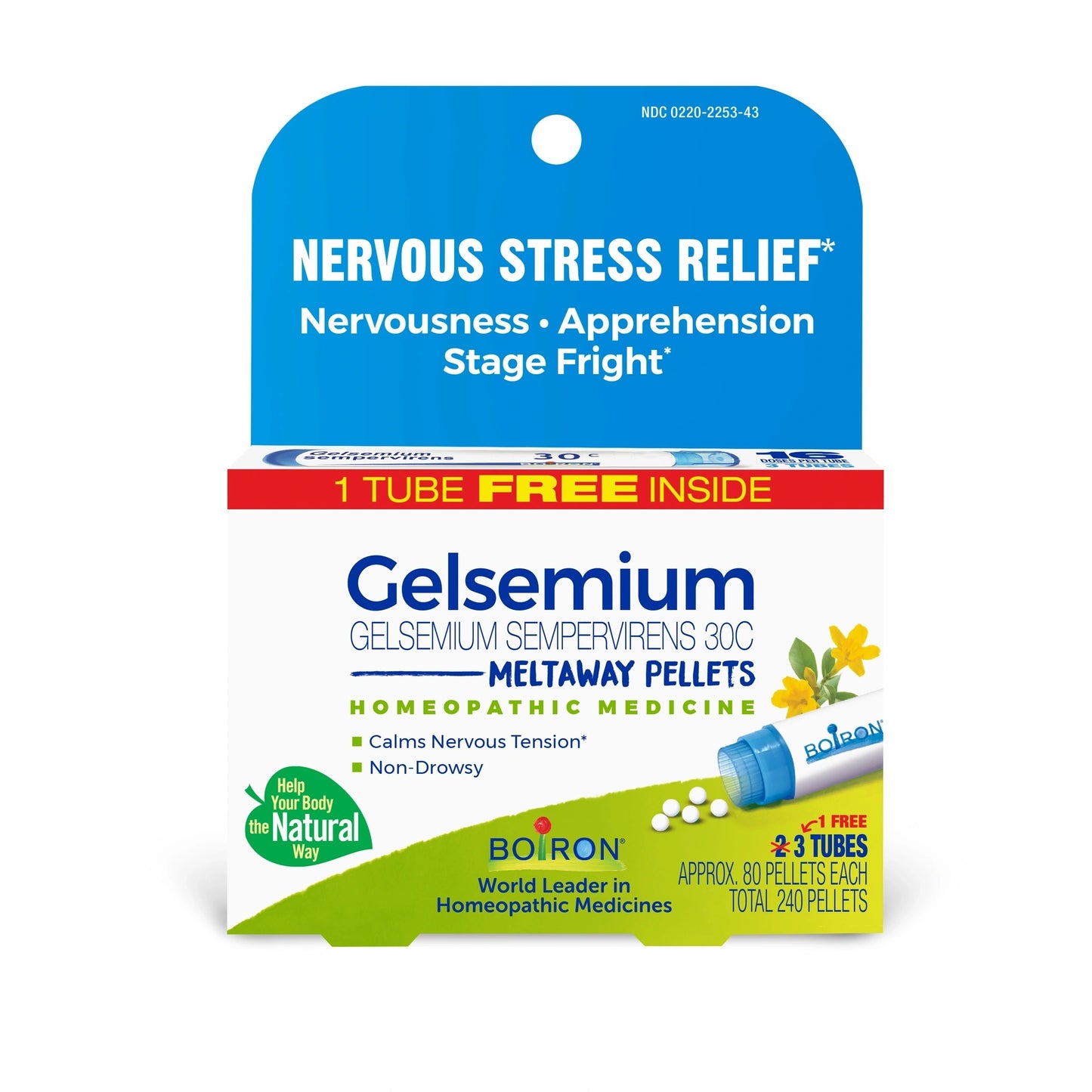 NERVOUS STRESS RELIEF* Gelsemium 30C, 3 Tubes, 80 Pellets Each, Includes 1 FREE Tube