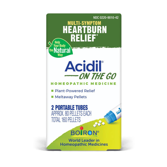 Acidil On the Go, Homeopathic Medicine for Multi-Symptom Heartburn Relief, 2 Tubes (Approx. 80 Pellets Per Tube), Boiron