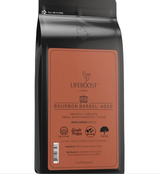 Bourbon Barrel-Aged Whole Bean Coffee, 12oz, LifeBoost