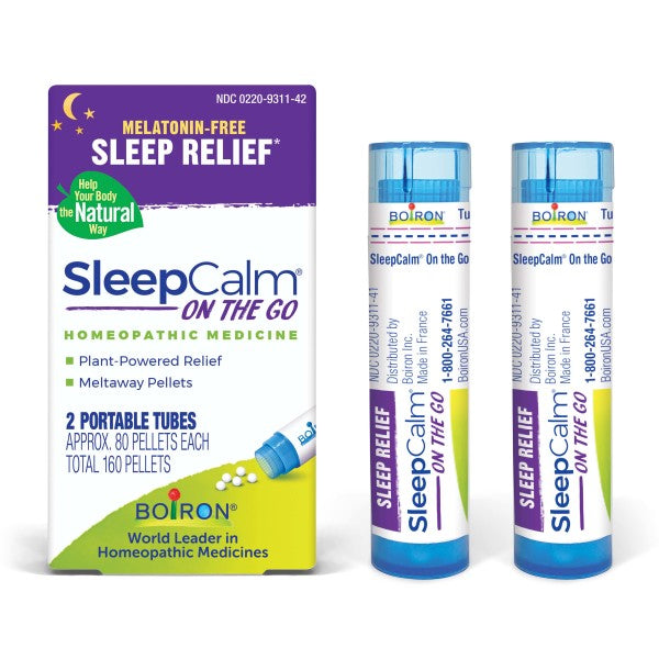 SleepCalm On the Go, Homeopathic Medicine for Relief of Occasional Sleeplessness, Restless Sleep, Intermittent Awakening, Melatonin-Free, 2 Tubes (Approx. 80 Pellets Per Tube), Boiron