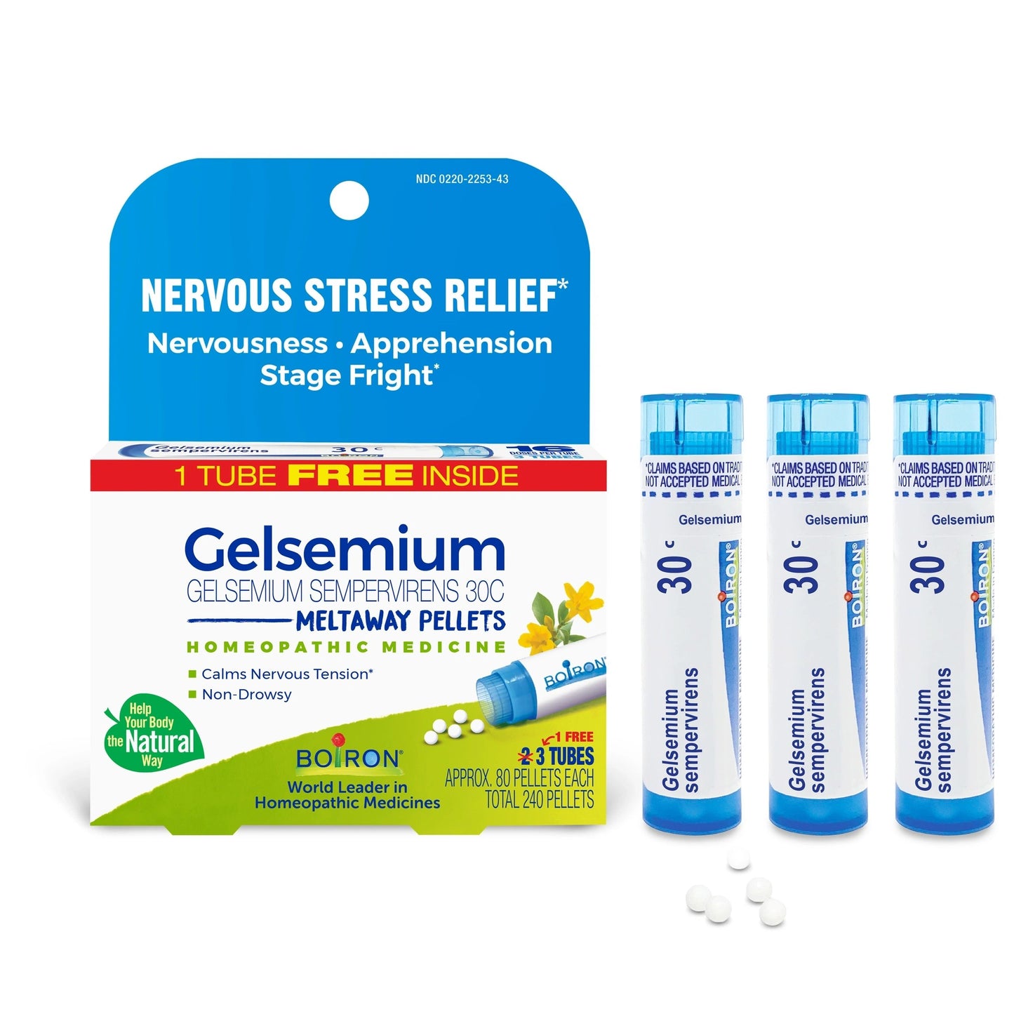 NERVOUS STRESS RELIEF* Gelsemium 30C, 3 Tubes, 80 Pellets Each, Includes 1 FREE Tube