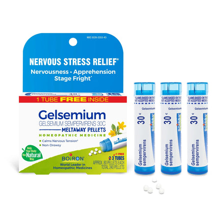 NERVOUS STRESS RELIEF* Gelsemium 30C, 3 Tubes, 80 Pellets Each, Includes 1 FREE Tube