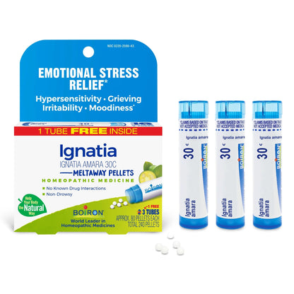 EMOTIONAL STRESS RELIEF* Ignatia 30C, 3 Tubes, 80 Pellets Each, Includes 1 FREE Tube