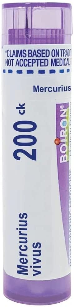 Mercurius vivus 30C, 200CK, Homeopathic Medicine for Sore Throat with Offensive Breath & Excessive Salivation, Boiron, 80 Pills (Pill Size #40)