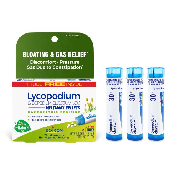 BLOATING & GAS RELIEF* Lycopodium 30C, 3 Tubes, 80 Pellets Each, Includes 1 FREE Tube